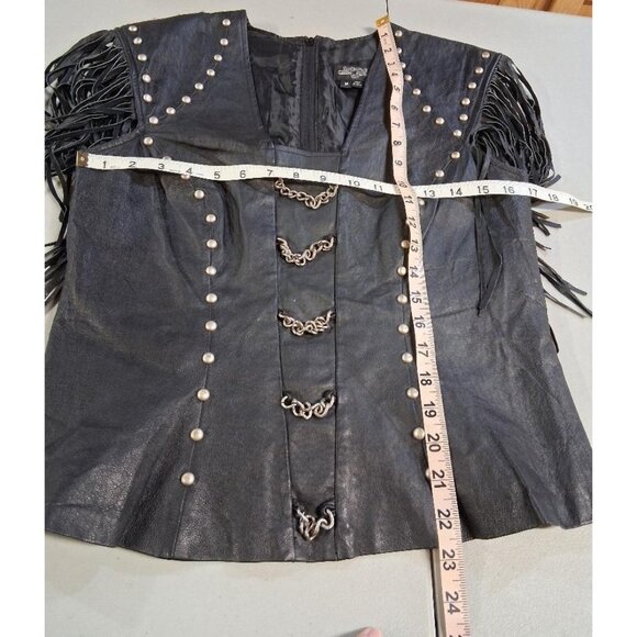 Black Leather Vest With Fringe Chain Accents & Pearl Studs Medium Leather Galler - Picture 7 of 9